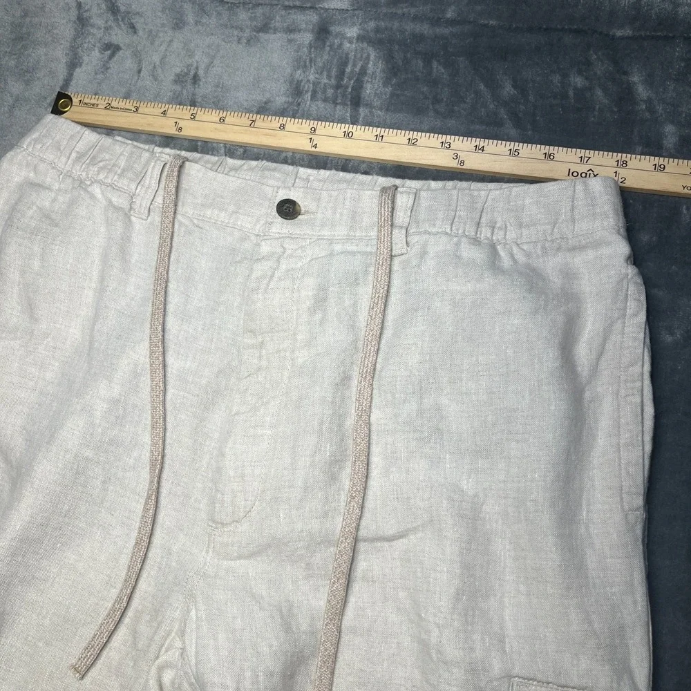 Caribbean 100% Linen Cargo Pants Mens 40x36 Beige Stretch Drawstring Relaxed EUC